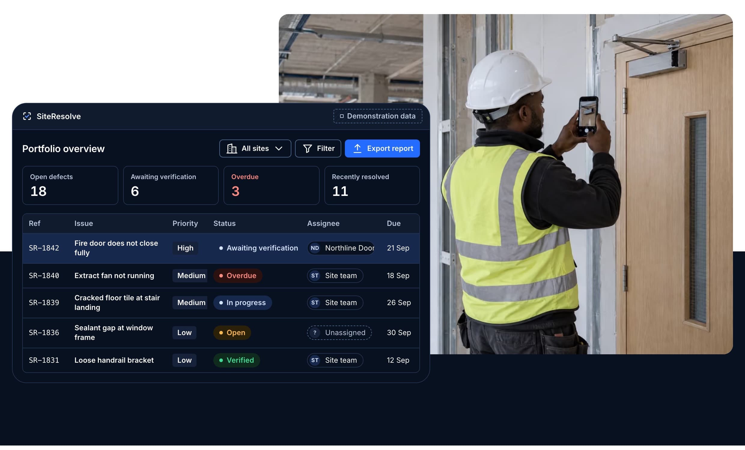 SiteResolve portfolio overview showing open, overdue and awaiting-verification defects, beside a site manager photographing a fire door.