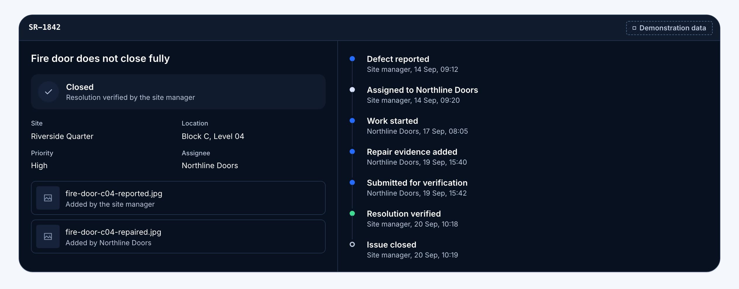 A closed SiteResolve defect record, SR-1842, with its dated history from report to verified resolution.